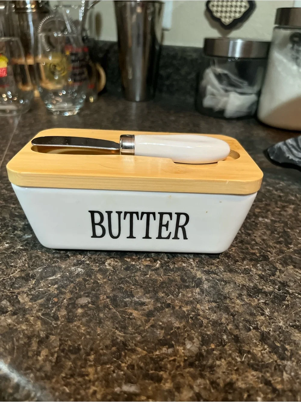 White Ceramic Butter Dish with Bamboo Lid and Spreader